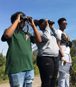 students looking through binoculars