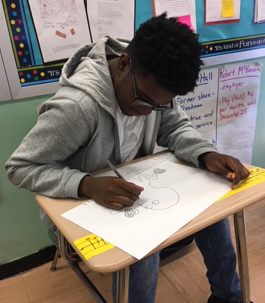 a boy drawing at his desk